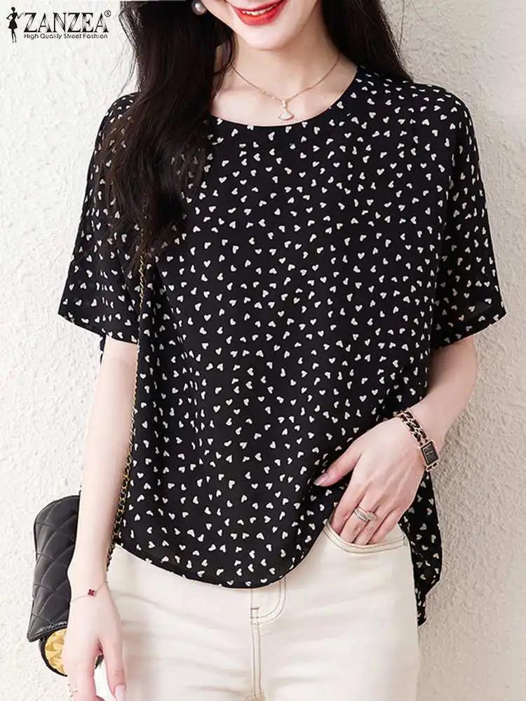 

Лето 2022, свободные топы ZANZEA, футболки большого размера, женская элегантная блузка с принтом, повседневные женские блузы с коротким рукавом, ...