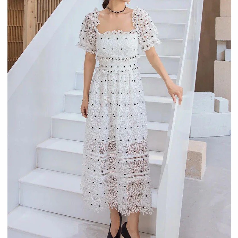 

White Lace Bodycon Dress for Women Hollow Out 2023 Summer Square Collar Dresses Party Ladies Puff Sleeve Elegance Clothing Chic