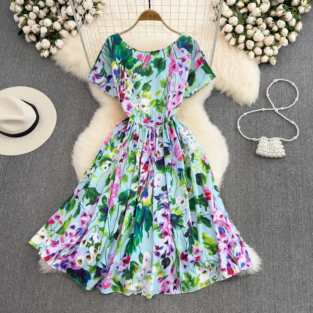 

Женское платье-трапеция с круглым вырезом, открытой талией и цветочным принтом