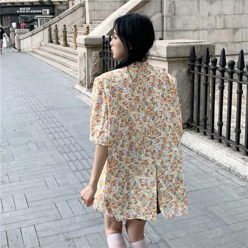A GIRLS Blazers Women Summer Korean Style Design Loose Vintage Floral Fashion Short Sleeve Outwear BF Retros All-match Sweet Ins