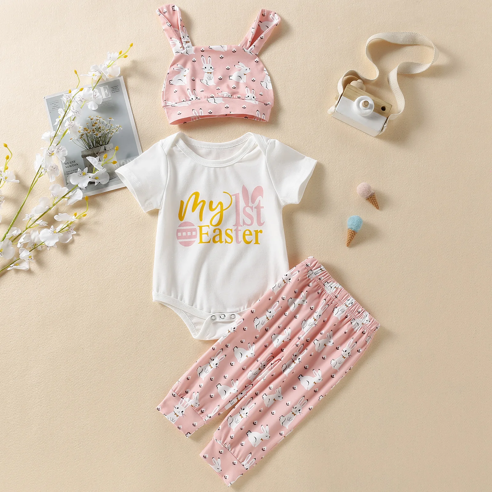 

Summer 3Pcs Newborns Baby Girls Sweet Outfits Infant Letter Print Short Sleeve Rompers Bunny Print Trousers Cute Ears Hat 0-18M