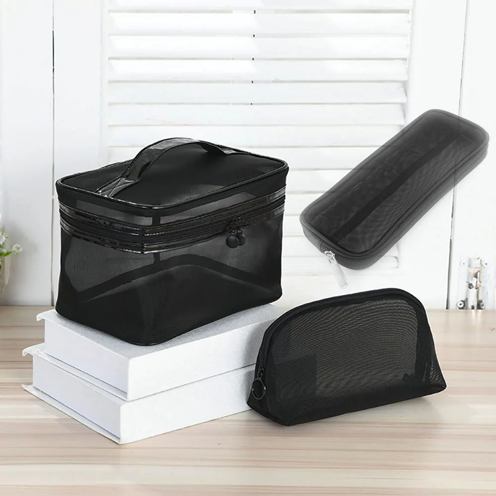 

Black Clear Mesh Travel Cosmetic Bag Portable Small Large Capacity Toiletry Wash Bags Makeup Storage Pouch 3 Sizes