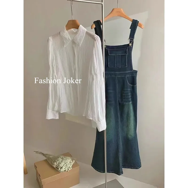 Женский винтажный джинсовый костюм-двойка белая блузка-рубашка с