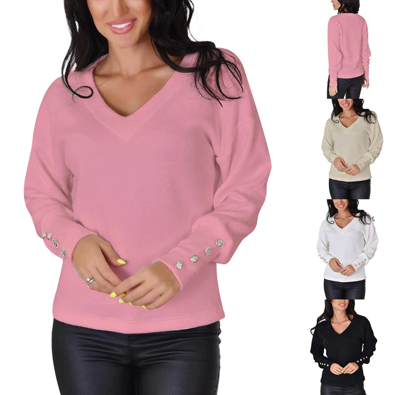 

Kayotuas Women Sweater Spring Autumn Button Down V-Neck Loose Fit Black Pink White Pullover Ladies Knitwear Clothing