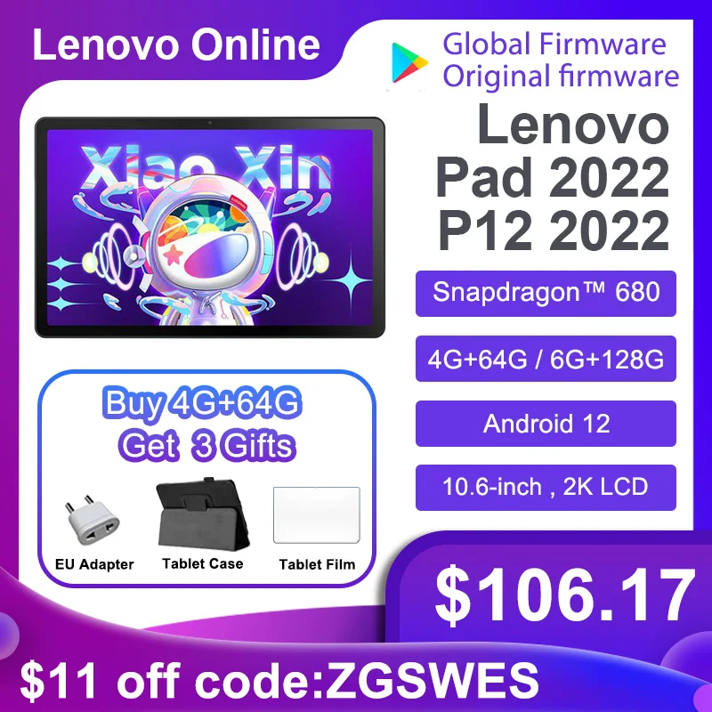 Оригинальный Планшет Lenovo P12 2022 с глобальной прошивкой, Восьмиядерный Snapdragon 680, на базе Android 12, 10,6 дюйма, 2K, ЖК-экран, Wi-Fi, Планшет Lenovo Pad 2022