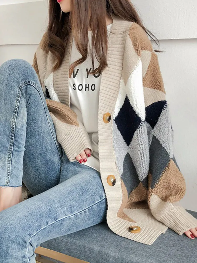 Свободный зеленый кардиган Y2K женский свитер с V-образным вырезом вязаные