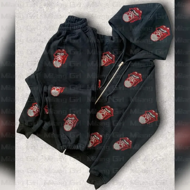 

Толстовка стразы на молнии с рисунком черепа и губ, Мужская Уличная одежда, толстовка с длинным рукавом, топ оверсайз, модная одежда с капюшо...