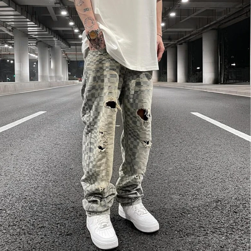 Fashion Plaid Denim Jeans Mens Destoryed Holes Zipper Jeans Pants Hip Hop Streetwear New Summer Casual Joggers Men Jeans Pants