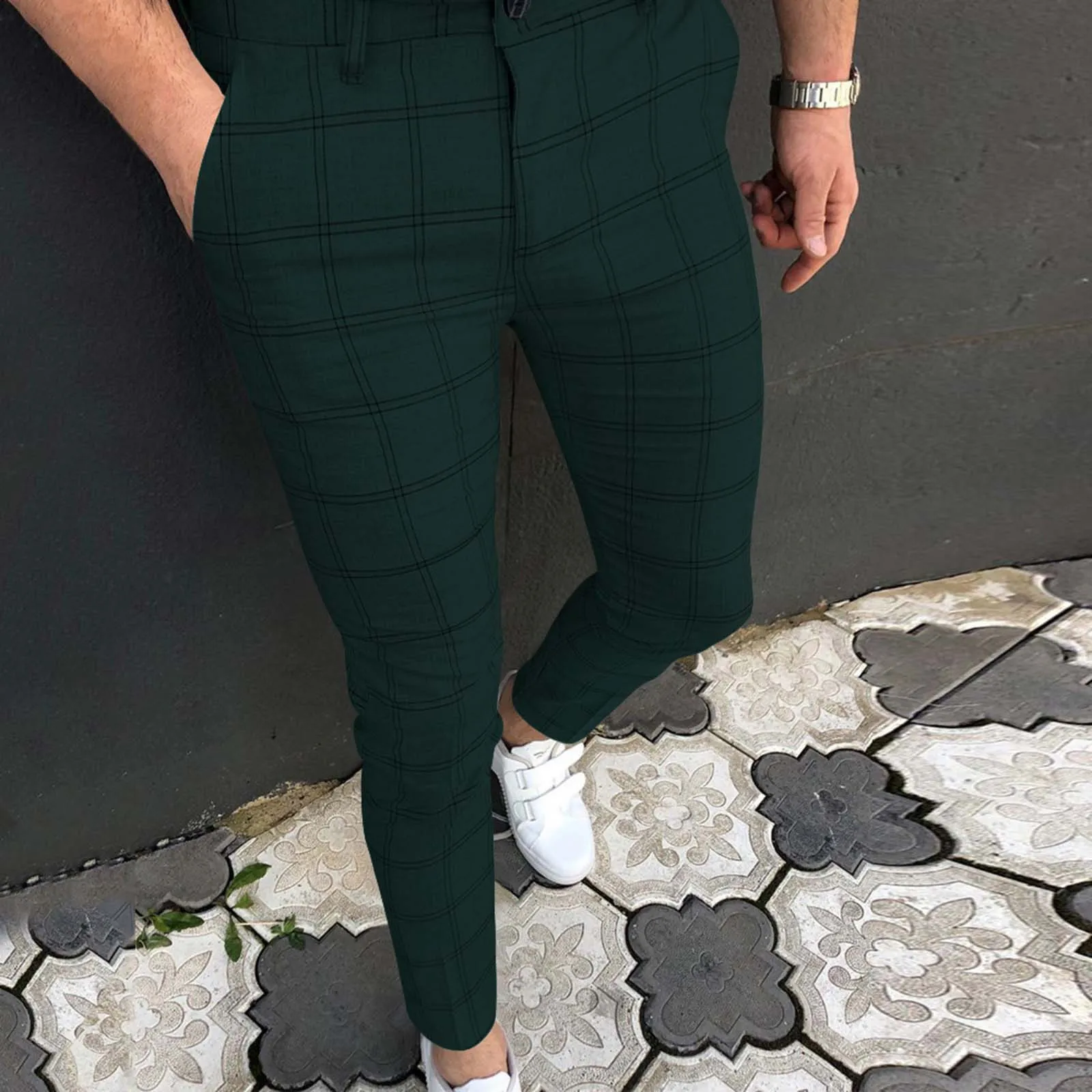 

Men Slim Fit Plaid Print Zipper Casual Fashion Long Pants Trousers L