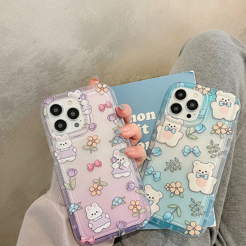 

Lovely Bunny Floral Clear Shockproof Case For iPhone 13 14 14Pro 12 13Pro 11Pro X Xs Xs Max 7 8 Plus SE 2 Silicone Cover Fundas