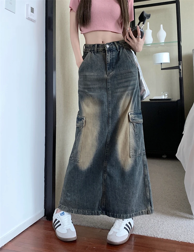 

American Retro Vintage Women's Distressed Cargo Denim Skirt New Summer Street Style Female High Waisted Split Mid Length Skirt