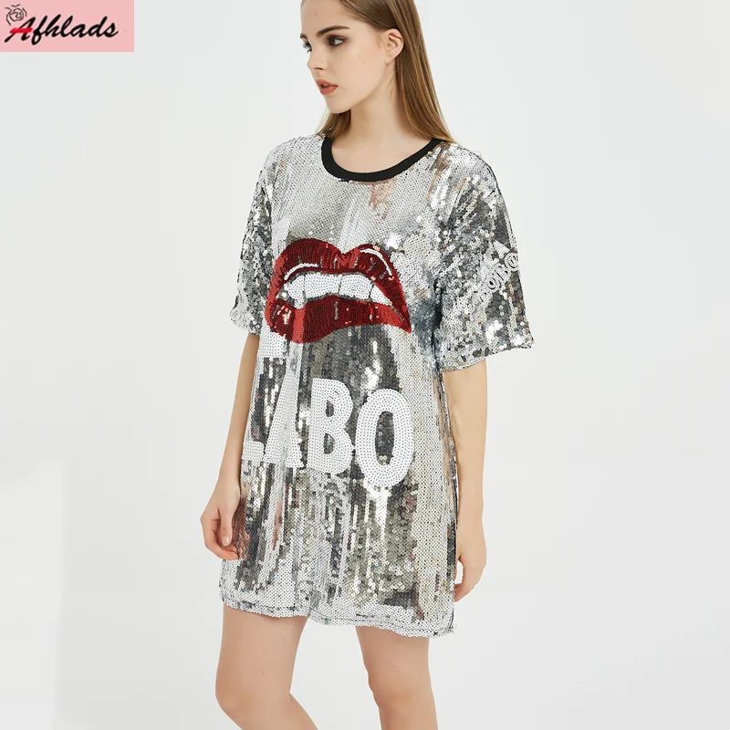 

Runway Summer Fashion Loose Sequins Letter Streetwear Female Short Sleeve T-Shirt Summer Hip Hop Night Club Women's Wear