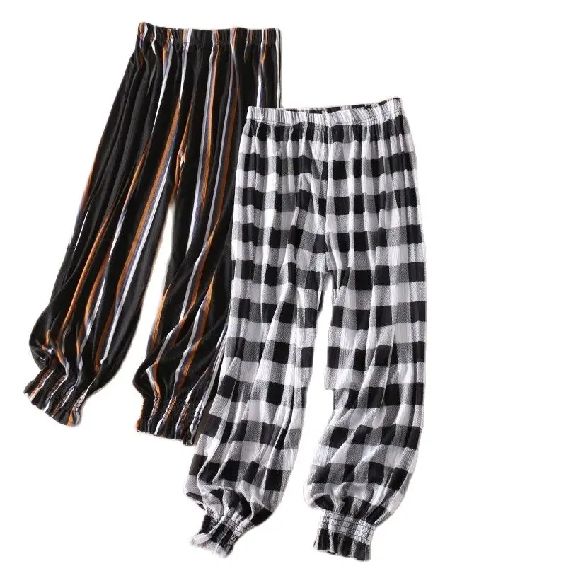 

Summer anti mosquito pants Plaid high waist 9-point casual pants women's Leggings large beach pants P3 802