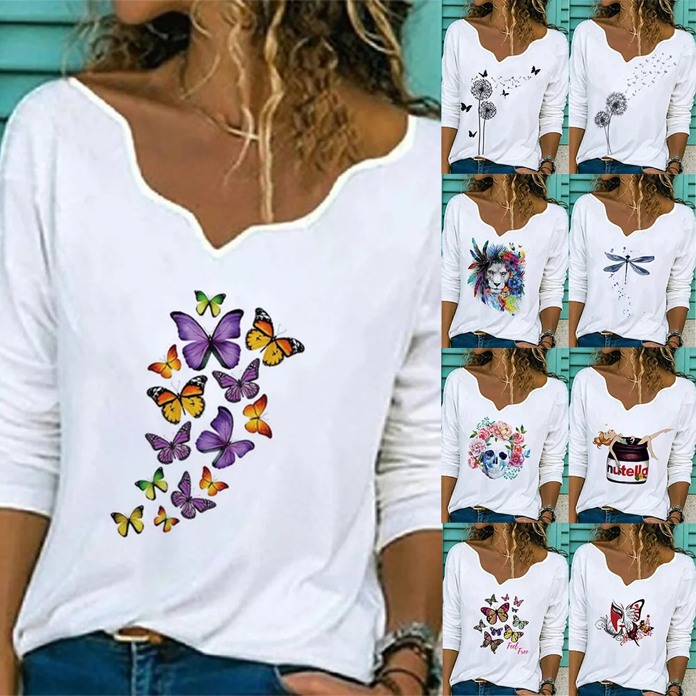 

Женская футболка с длинным рукавом, Элегантный Повседневный пуловер с V-образным вырезом и принтом одуванчика, 2022