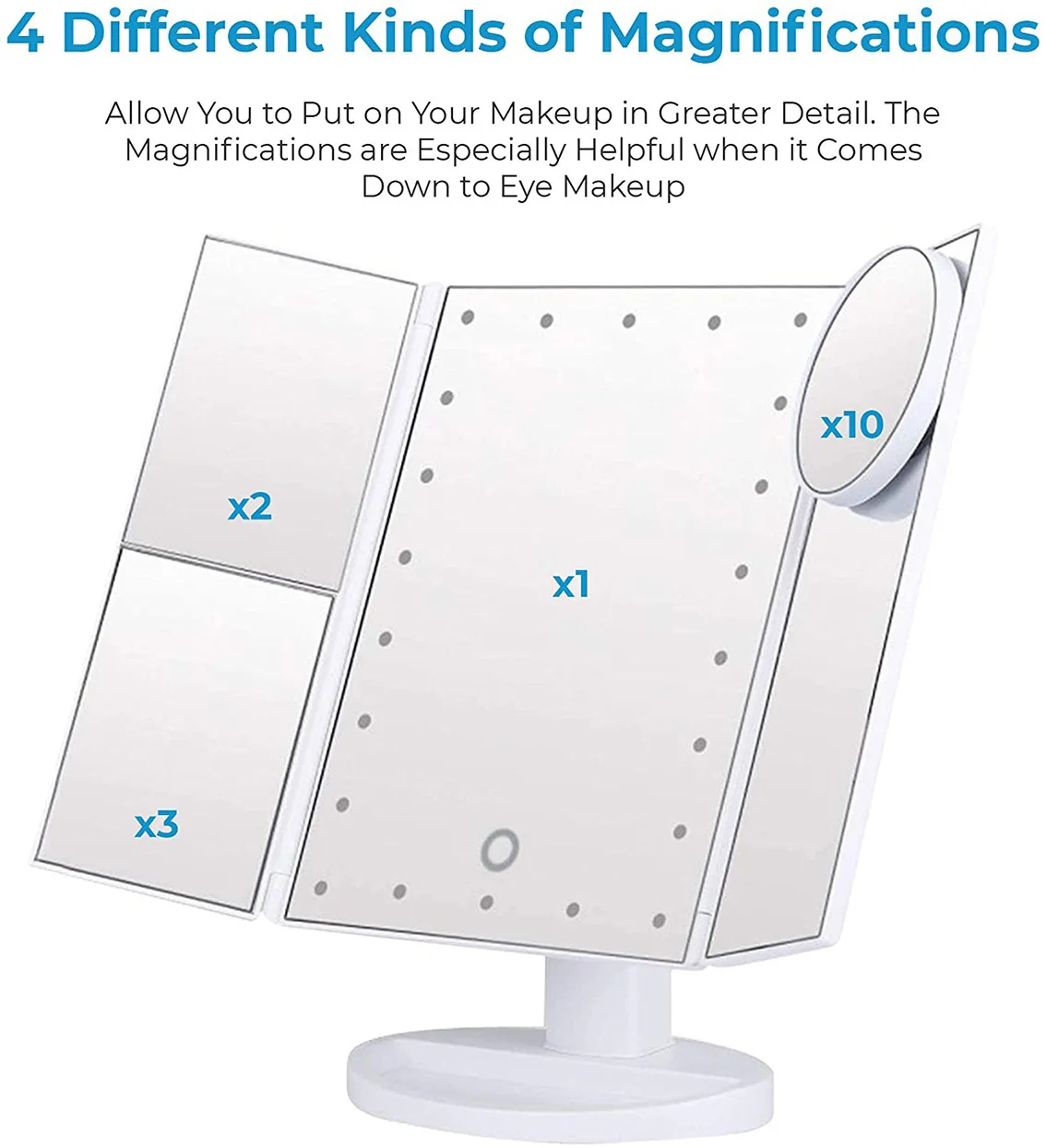 

Tri-fold LED makeup mirror with 22 lights, desktop makeup mirror, 1x / 2x / 3x magnification, 180° rotation, touch dimmer