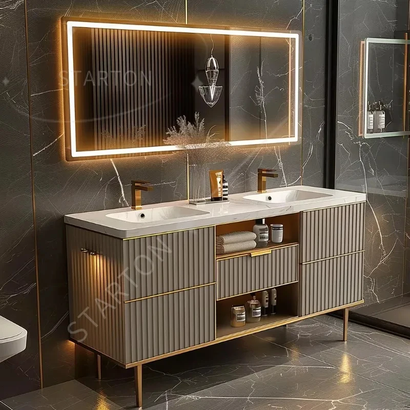 Фото Комплект мебели для ванной комнаты в стиле бревенчатой стены из Corian Dupont на заказ с интегрированной раковиной, также подходит для кухни, мебель для главной ванной комнаты №3