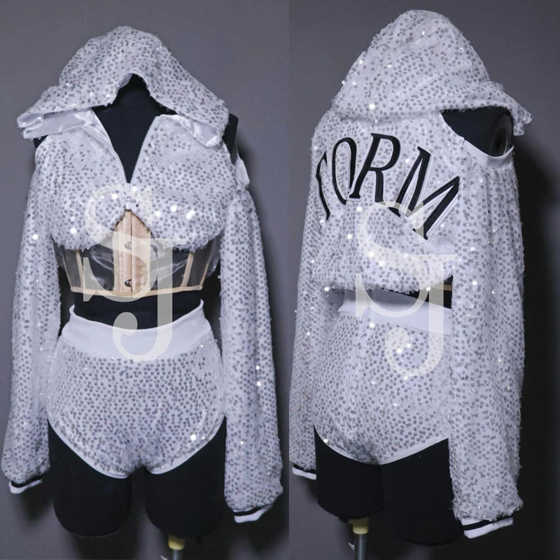 

Fashion Singer Group Kpop Stage Outfits White Sequins Jacket Shorts Women'S Jazz Dance Costume Hiphop Gogo Dancer Wear XS7009