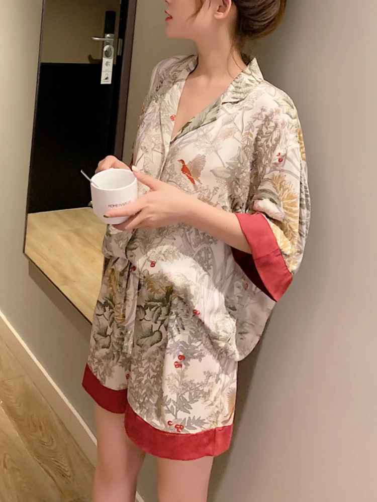 2 Piece Women Set Spring Summer Short Sleeve Pajamas for Woman Silk Fashion Sleepwear Flowers Bird Print Sexy Satin Pajama Set