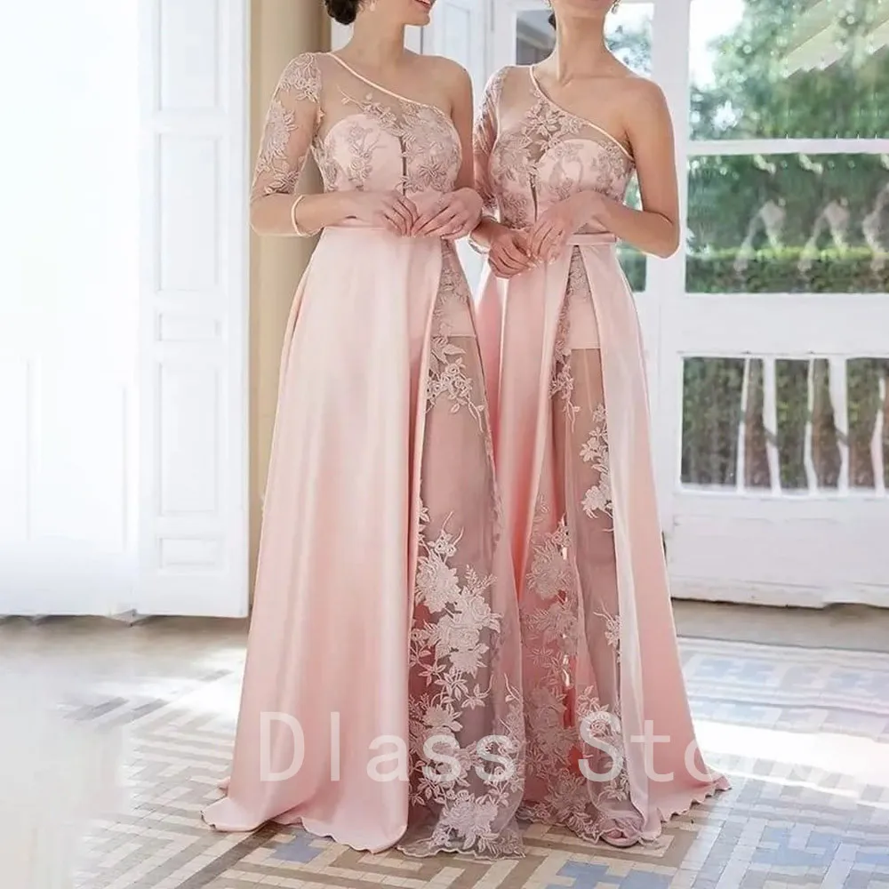 

Satin Lace Evening Dresses Luxury For Day And Night Party One Shoulder Sheer Embroidery Prom Gown robe de soirée robe femme 드레스