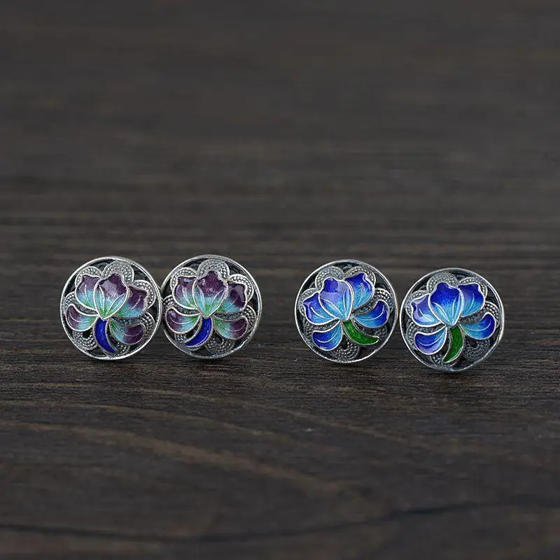 

Cloisonne Ear Stud and Ring Women's S925 Sterling Silver Vintage Filigree Chinese Style Lotus Lotus Handmade Burnt Blue Silver R