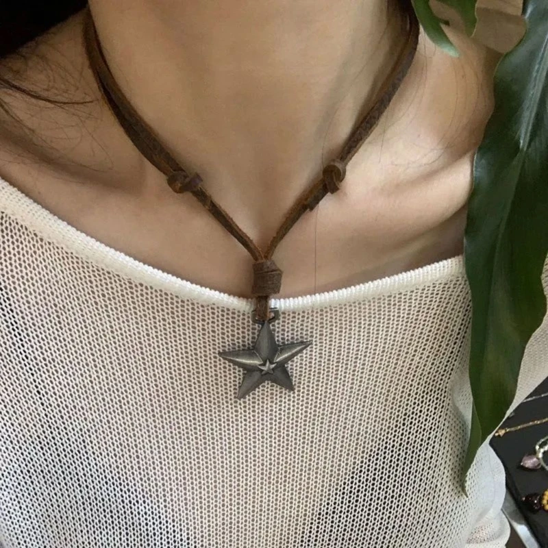 

E0BF Collarbone Chain Temperament Simple Leather Rope Five-pointed Star Necklace