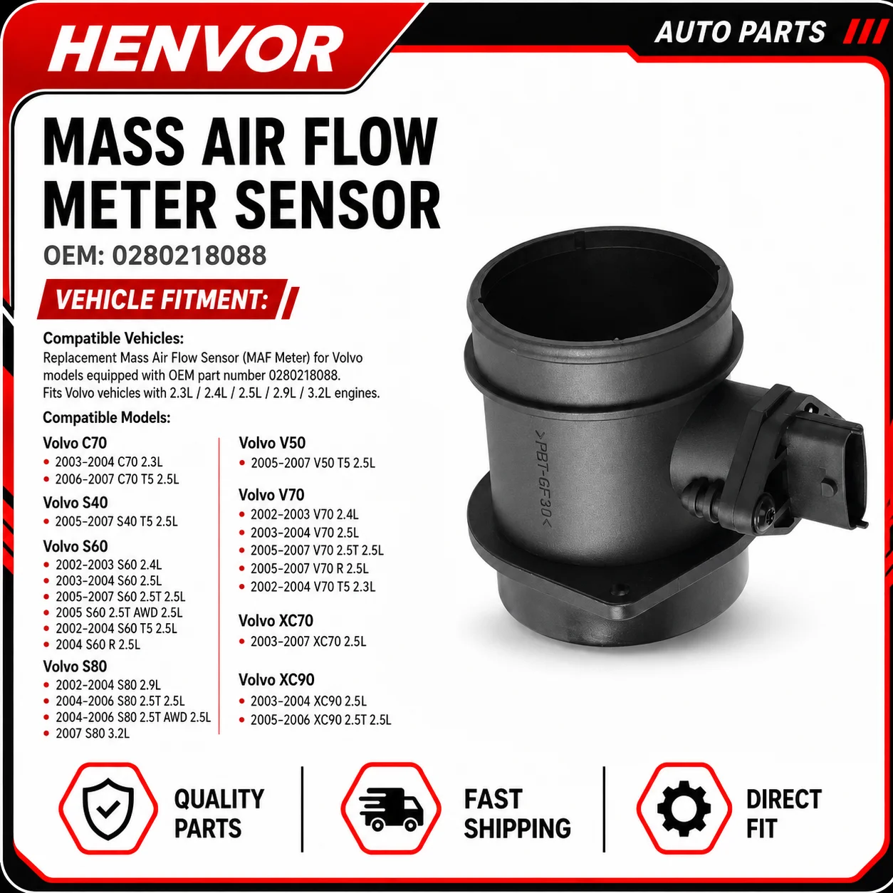 Фото Датчик массового расхода воздуха (MAF) 0280218088 для Volvo C70 S40 S60 S80 V50 V70 XC70 XC90 T5 2.5L 2.4L №1