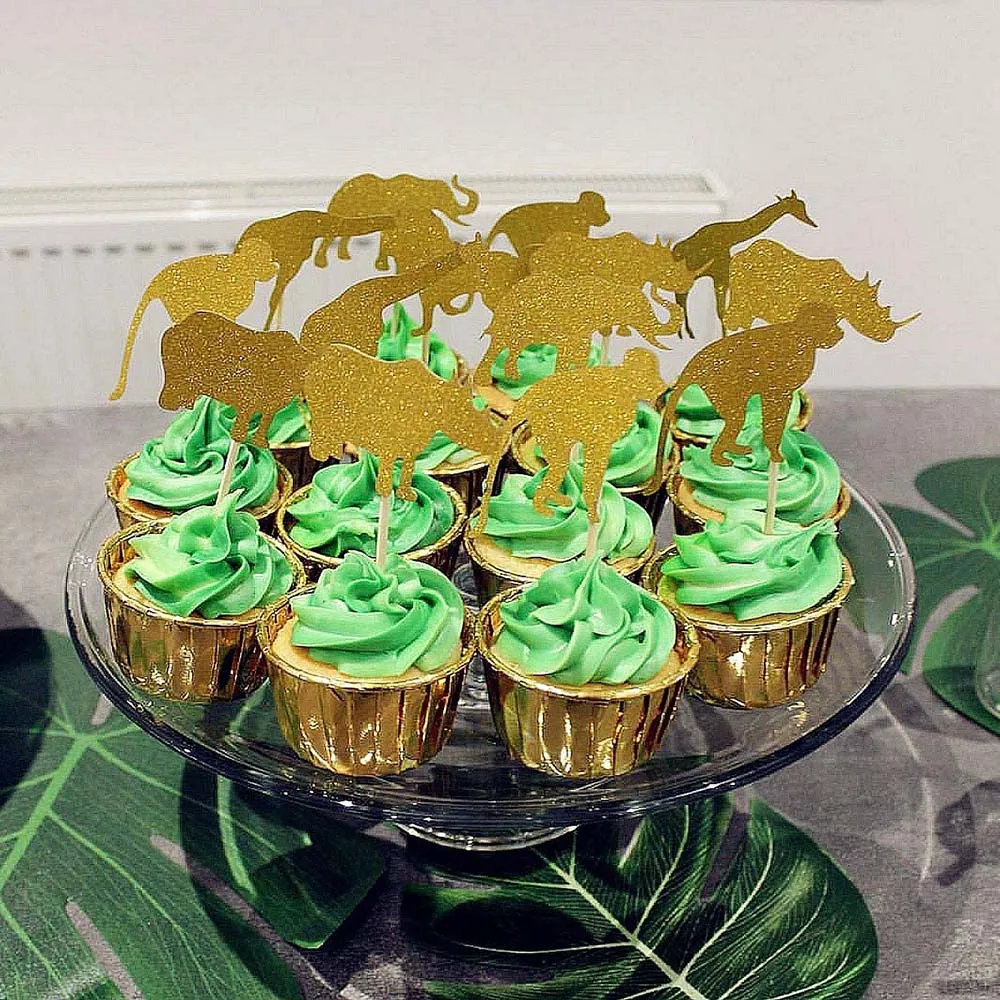 

6pcs Glitter Jungle Safari Animal Cupcake Toppers Safari Jungle Theme Baby Shower Party Cake Food Decors Animal Themed Supplies