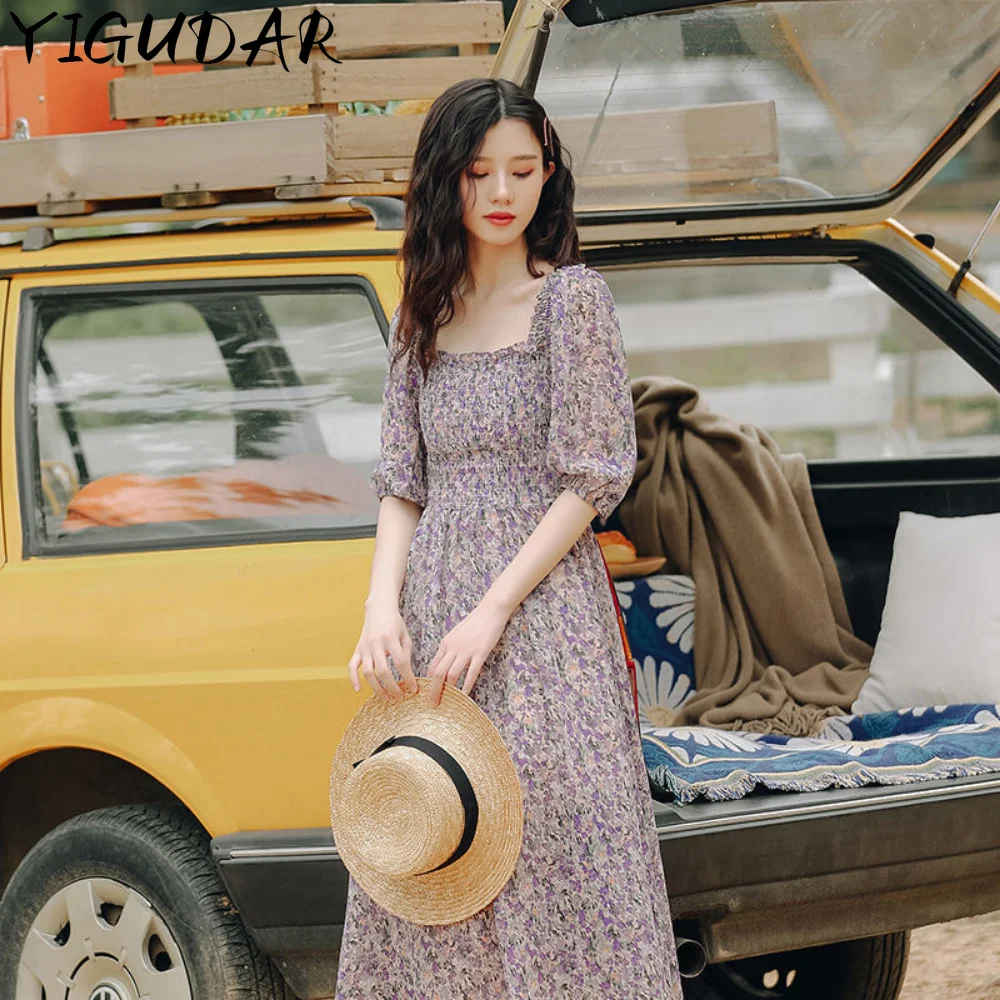 

Женское шифоновое платье с цветочным принтом, розовое элегантное приталенное платье с квадратным вырезом и пышными рукавами в винтажном стиле