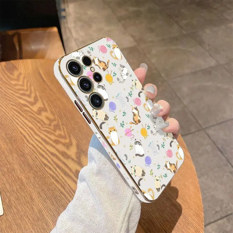 Simple Cat Pattern Luxury Plating Phone Case For Samsung Galaxy S23 S22 S21 S10 S9 S8 Plus Note 20 ultra 10 Plus Cover