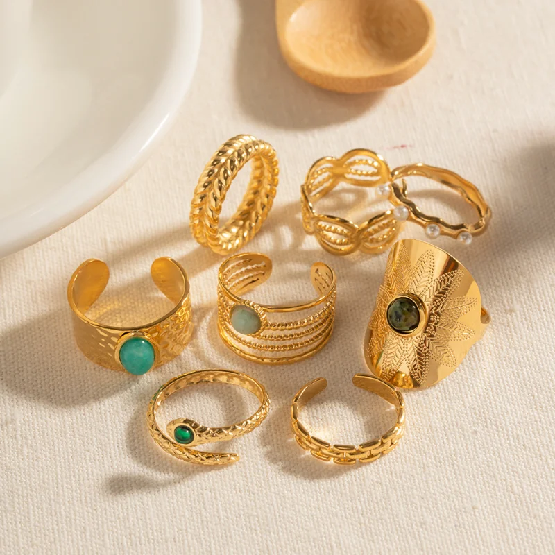 

Minar Exquisite Multiple Blue Green Natural Stone Charm Rings for Women 18K Gold Plating Titanium Steel Chunky Adjustable Ring