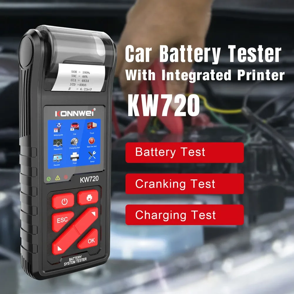 

KONNWEI kw720 6V/12V/24V Motorcycle Car Truck Battery Tester with Built-in Printer Battery Analyzer Charging Cranking Test Tools