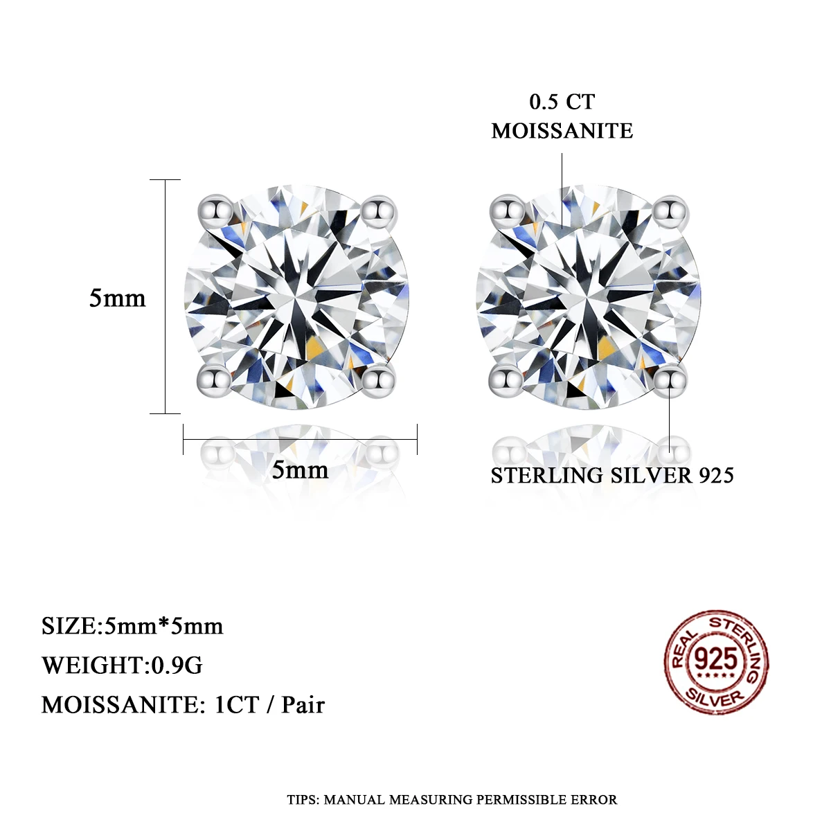 Простые серьги 925 Женские Классические Стильные с четырьмя зубцами один карат