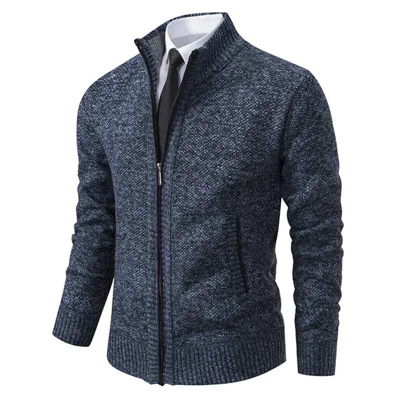 2024 Autumn and Winter New Men's Casual Sports Coat Solid Color Stand Collar Wweater Grab Fleece Warm Zipper Sweaters Cardigan