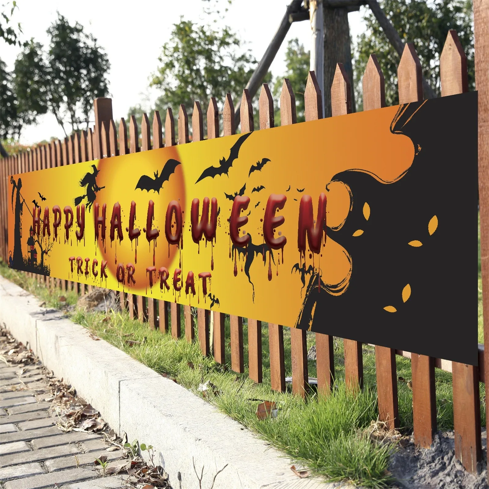 

Large Happy Halloween Banner 250cm/8.2ft Pumpkin Scary Terror Bloody Hand Footprint Yard Banner Indoor Outdoor Hanging Decor