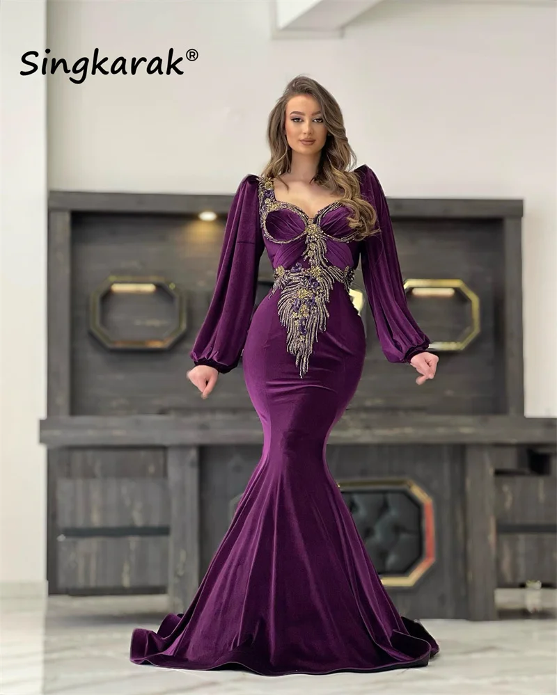 

Женское вечернее платье-Русалка с длинным рукавом, бархатное платье с кристаллами и стразами, платье в арабском стиле для выпускного вечера, 2023