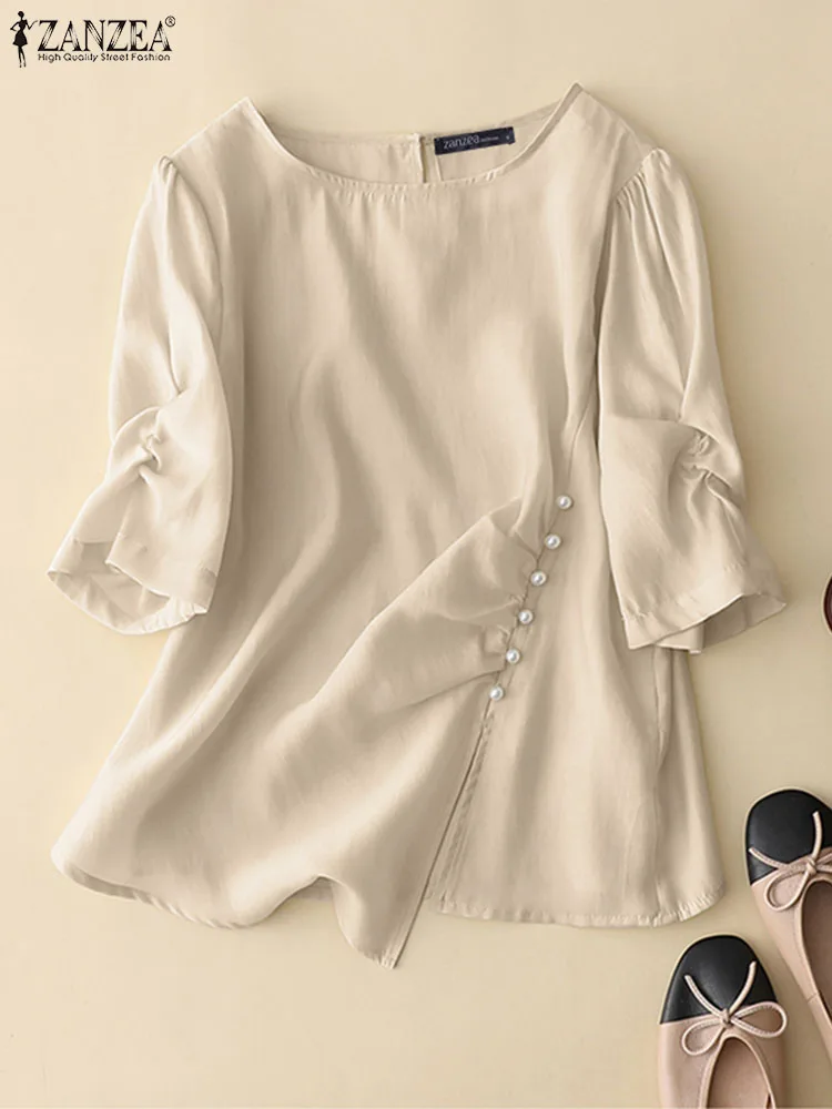 

Стильная женская блузка с круглым вырезом и рукавом до локтя, летняя офисная рубашка ZANZEA, повседневные однотонные плиссированные топы, женские винтажные блузы, рубашка 2023
