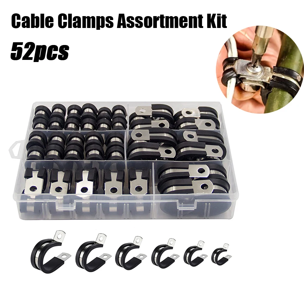 

52PCS Cable Clamps Assortment Kit 304 Stainless Steel Rubber Cushion Pipe Clamps in 6 Sizes 1/4" 5/16" 3/8" 1/2" 5/8" 3/4"
