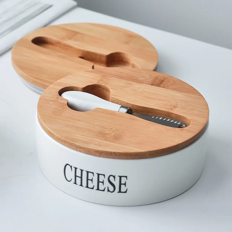 

Nordic Round Butter Cheese Box 700g Capacity with Butter Spatula Wooden Lid White Ceramic Sealing Cheese Container Box