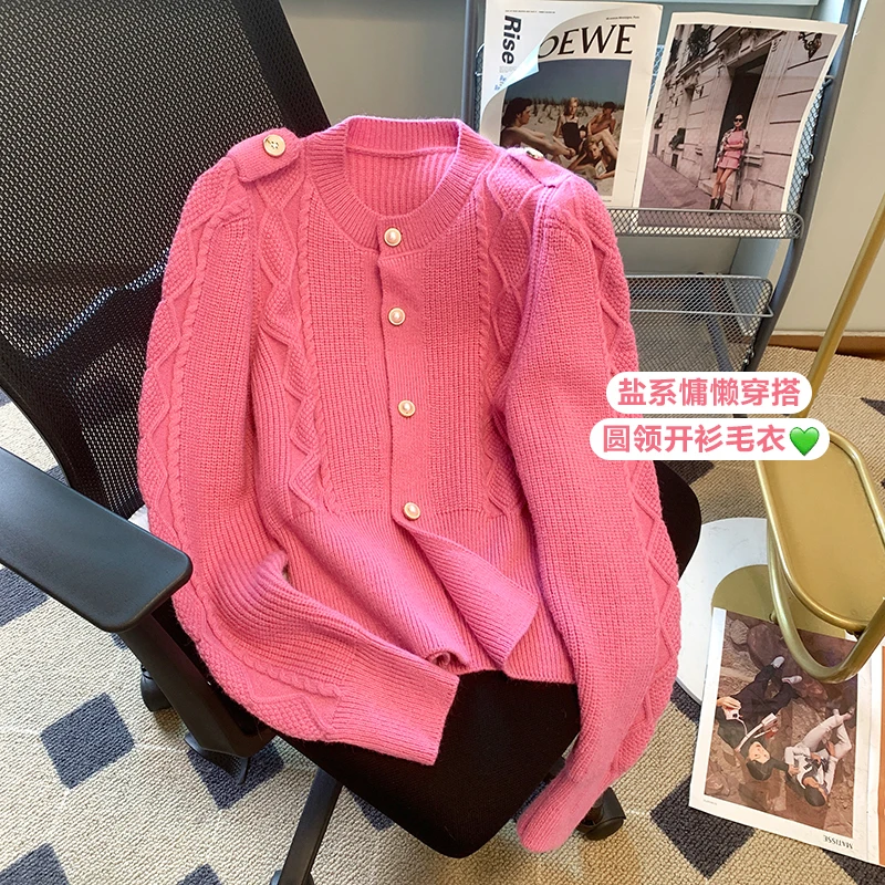 

Vintage Knitted Cardigan Women's Twist Sweater Round Neck Long Sleeves Loose Casual Cashmere Sweater Mujer Cropped Cardigan Pink