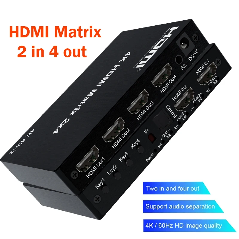 Матричный HDMI-переключатель 4K 60 Гц, Матрица 2x4 4x2, HDMI-переключатель, сплиттер 2 в 4 выхода с R/L аудио экстрактором, видео-и аудиопереключатель, конвертер