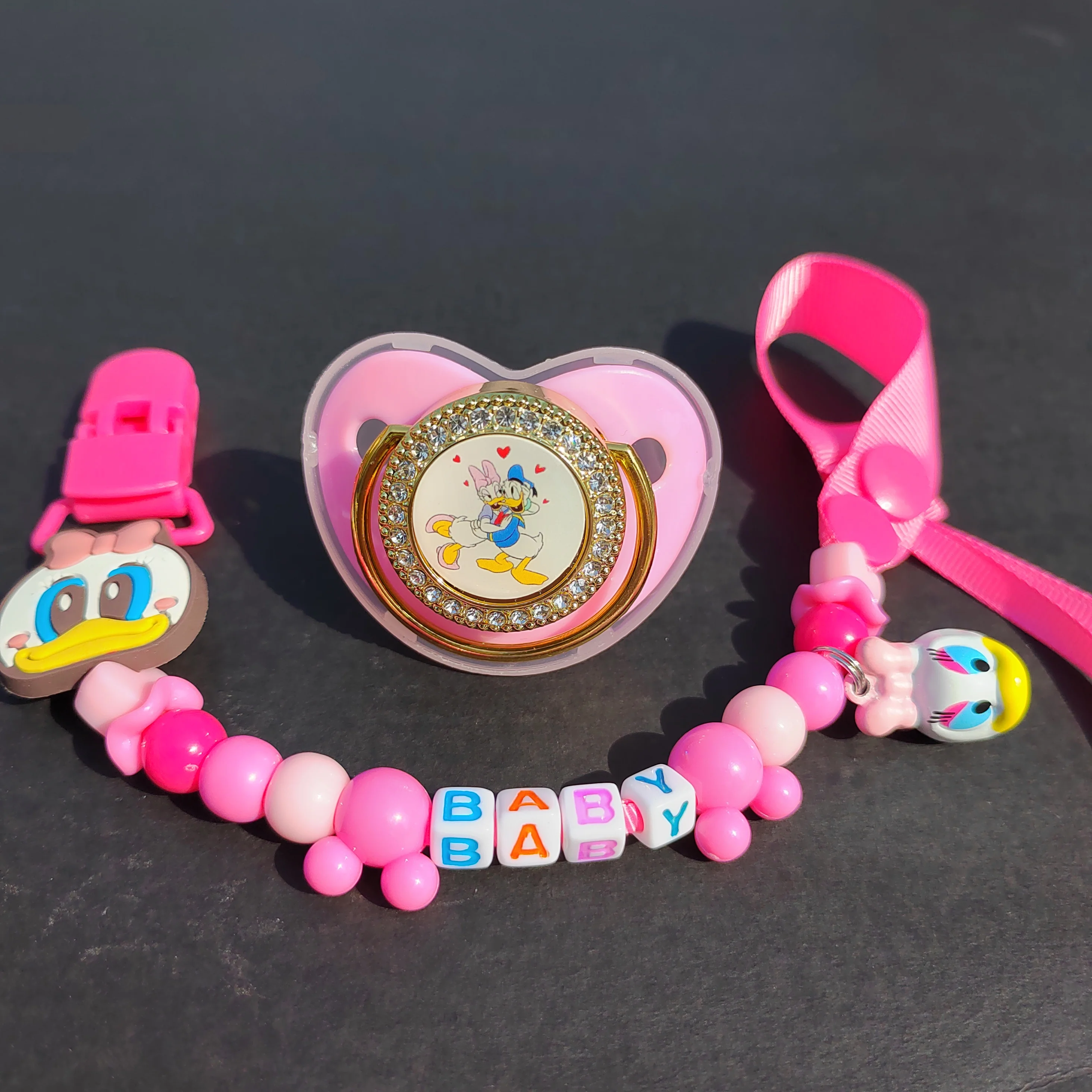 

[1 Set ] 2022 New Newborn Baby Beads Pacifier Clips & Pacifier Cartoon Image Bling Kids Teether Nipple Soother Christmas Gift