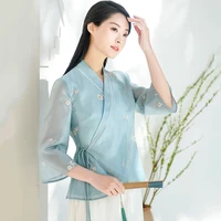 cheongsam womens plus size hanfu tops 2022 summer fashion organza prints bandage chinese style tang costume qipao shirts woman