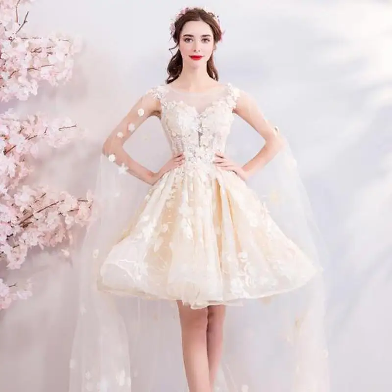 

2022 Summer New Lace Champagne Sexy Sleeveless Prom Party Dress Robe De Soiree Lady Elegant Short Round Collar Qipao Vestidso