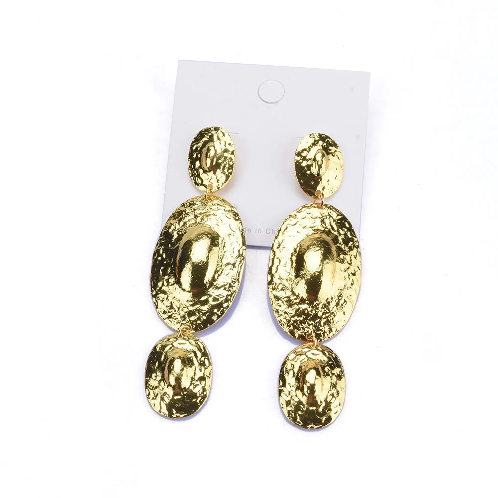 

Fashion Jewelry Long Large Heavy Gold Plated Hammered Textured Metal Three Oval Dangle Drop Statement Earrings for Women