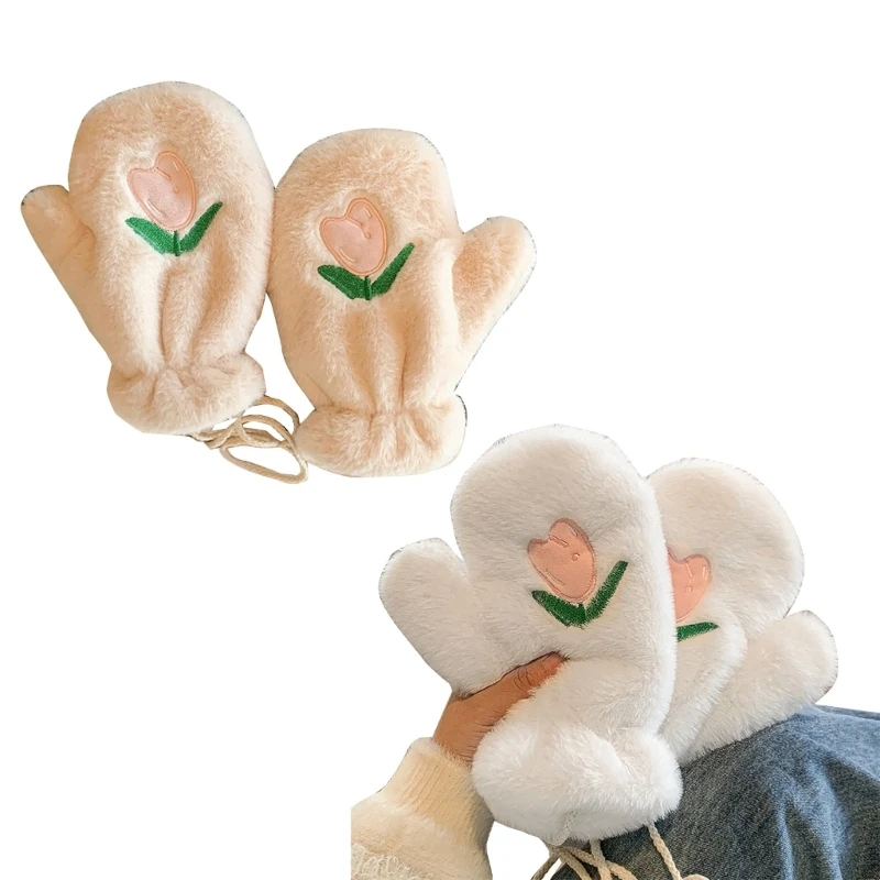 

Зимние теплые эластичные варежки для взрослых, плюшевые перчатки с цветочной вышивкой и длинными пальцами, плюшевые перчатки для