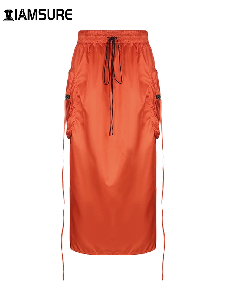 

IAMSURE Safari Style Drawstring Big Pockets Skirt Casual Streetwear Mid-Waisted Maxi Skirts Women 2022 Autumn Spring Ladies