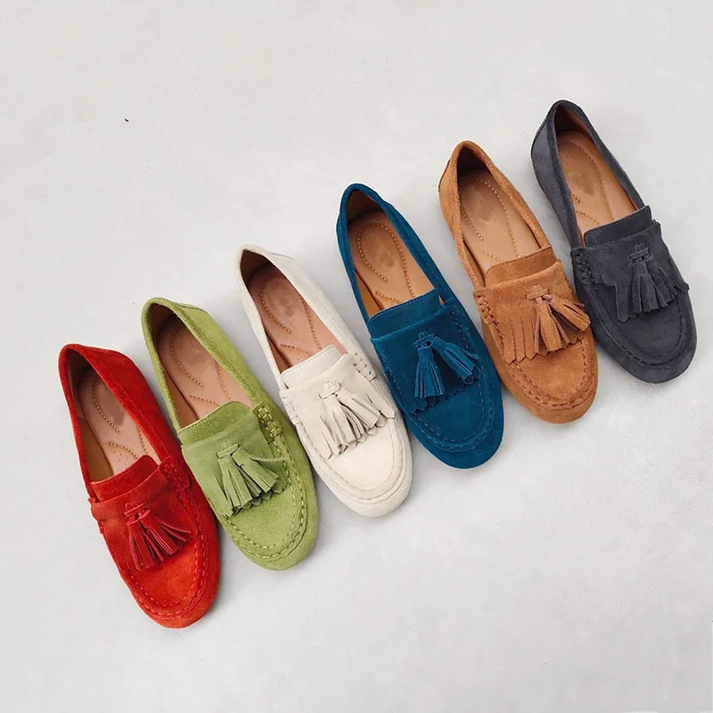 

Cowhide Nubuck Loafers For Women Genuine Leather Round Head Tassel Solid Color Flat Shoes Comfortable Casual Peas Shoes 2022
