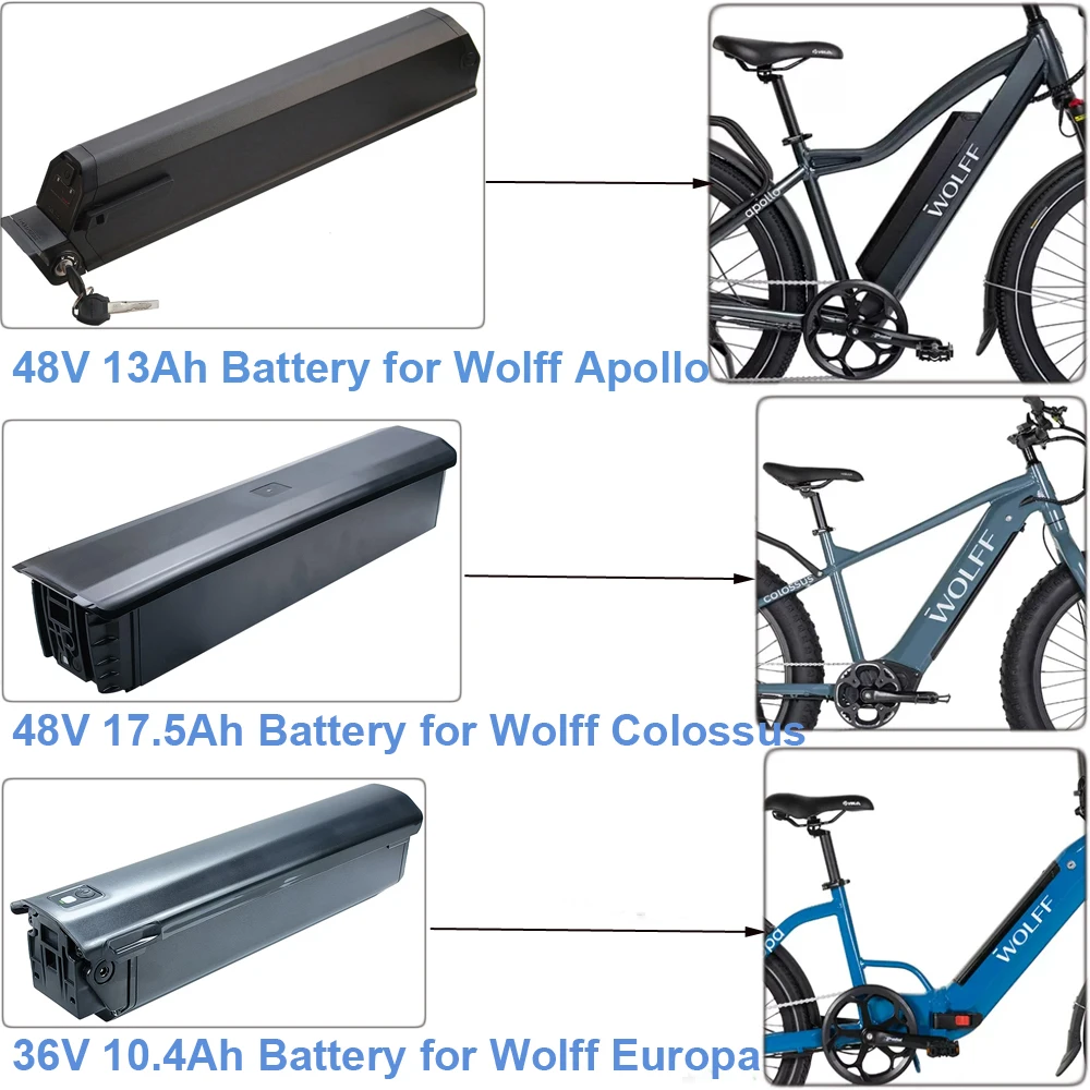 

E-Bike Battery 48V 13Ah 17.5Ah 36V 10.4Ah 250W 500W G060 G070 Folding Electric Bike Battery Wolff Apollo Colossus Europa