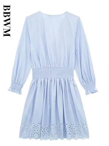 Women Embroidery Dress Woman Hollow Out Short Dresses For Women Ruched Mini Dress Casual Summer Chic Female Party Dresses