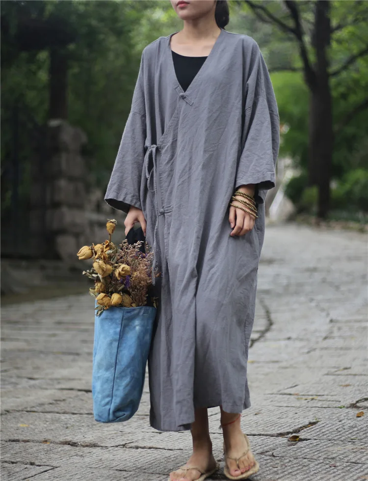 Женский льняной тренчкот на пуговицах винтажный свободный в китайском стиле с